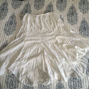 White Tonal Floral Jacquard Midi Skirt Scalloped Hem Panel A-Line Flare Skirt